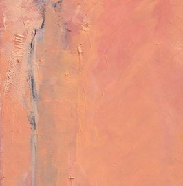 Umgarnt von Rosa, 2019, Öl auf Bristolkarton, 29 x 5 cm. Abstrakte Malerei in Rot und Rosétönen.
